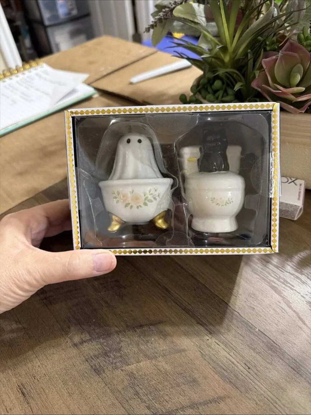 Vintage-Style Halloween Ghost & Black Cat Bathroom-Themed S & P Shaker Set